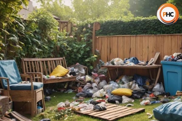 a garden full of unwanted items furniture and rubbish