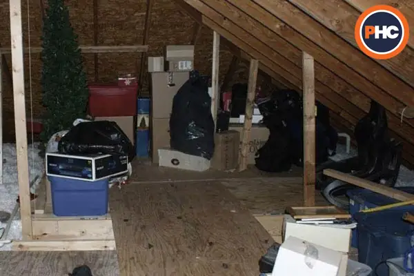 a loft with rubbish christmas decorations and boxes