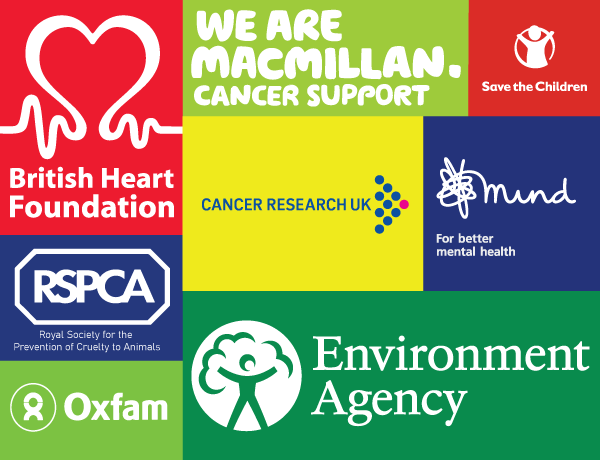 Logos of the charities. Priory House Clearance donates to British Heart Foundation, RSPCA, Oxfam, Mind, Cancer research, Macmillan, and Save the Child