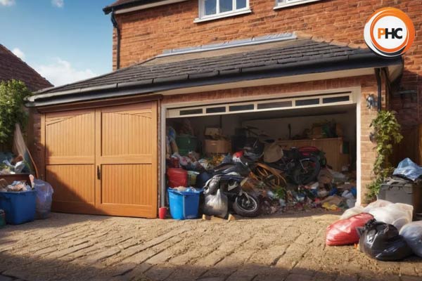 garage with door open with lots of unwanted furniture bikes tools and rubbish