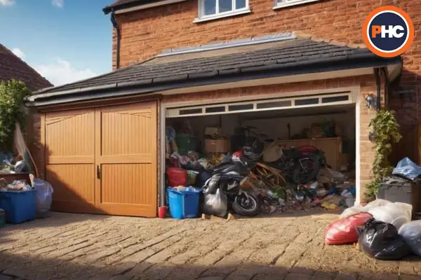 garage with door open with lots of unwanted furniture bikes tools and rubbish