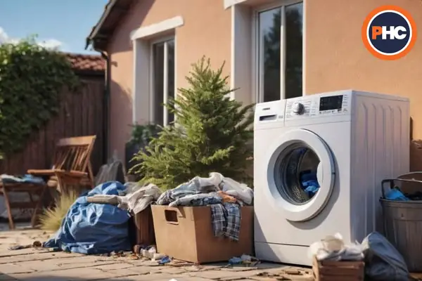 rubbish and a washing machine outside a house