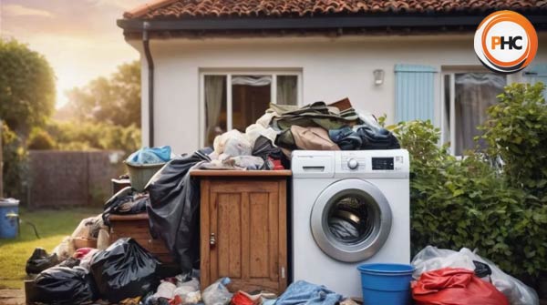 rubbish furniture and a washing machine outside a house