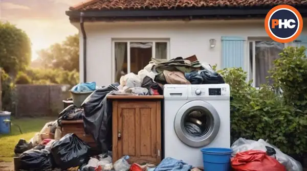 rubbish furniture and a washing machine outside a house