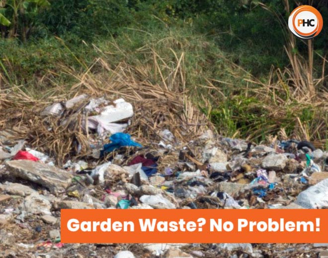 rubbish in garden with message garden waste question mark no problem