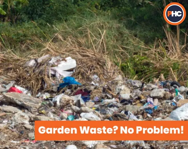 rubbish in garden with message garden waste question mark no problem